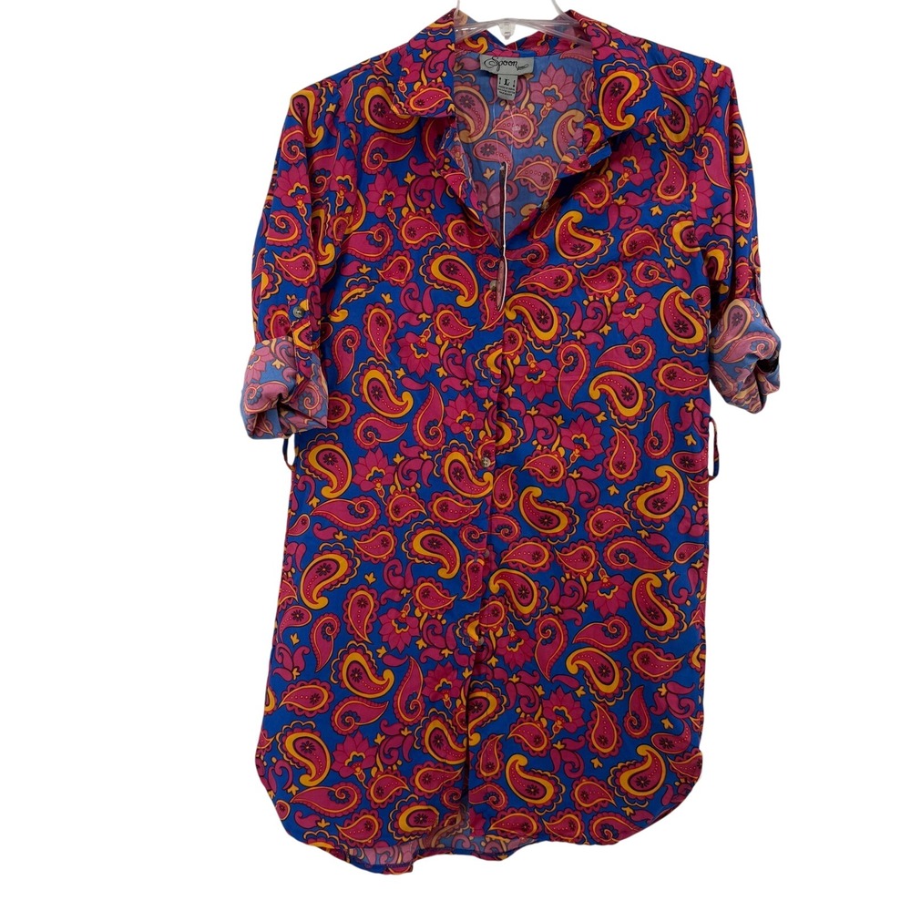 NWT Spoon Jeans Paisley Print Button Up Long Sleeve Shirt Dress Large Blue
